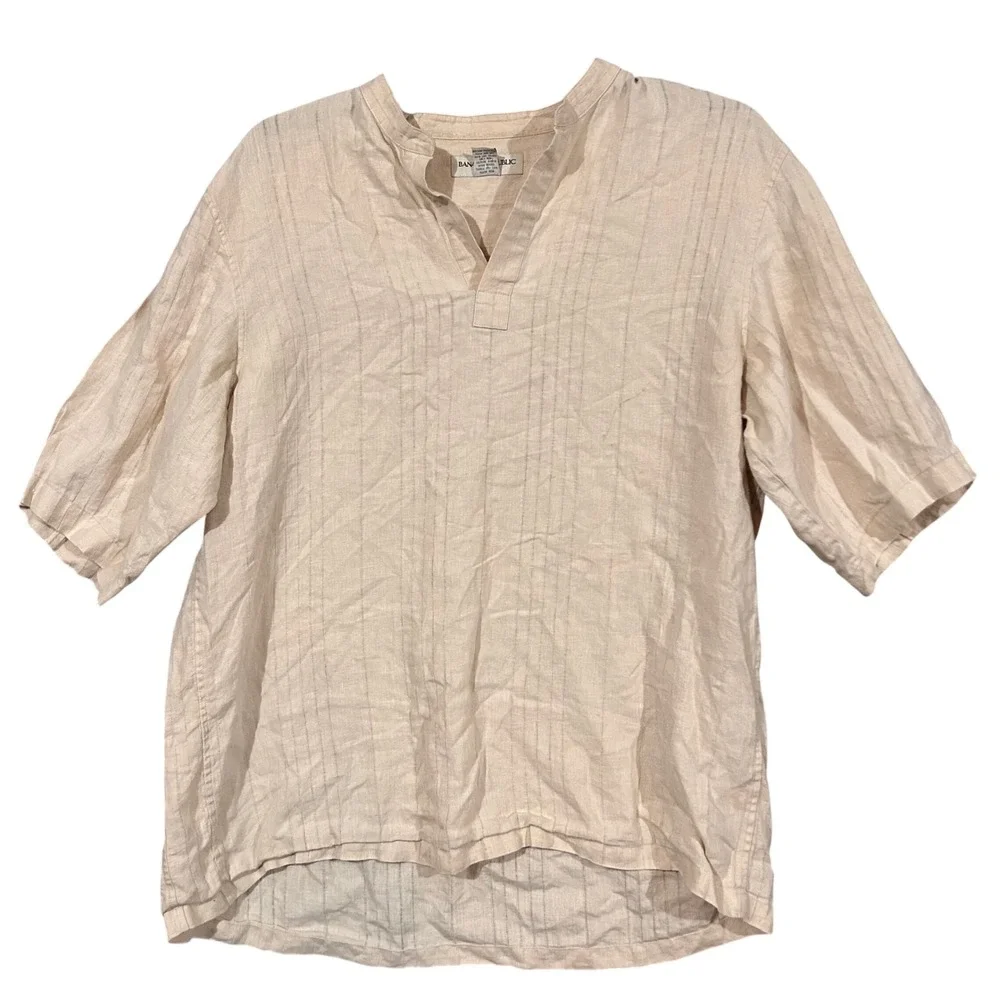 Banana Republic Mens 100% Linen Short Sleeve Shirt Beige Striped V-Neck Large